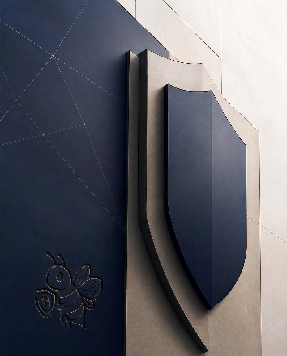 Abstract shield-like architectural form representing layered cybersecurity protection